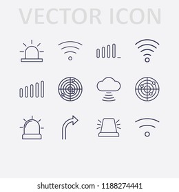 Outline 12 signal icon set. turn right arrow, alarm flasher, wifi, signal bars, radar and cloud signal vector illustration