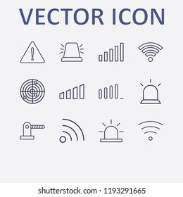 Outline 12 signal icon set. parking barrier, signal bars, alarm flasher, wifi, wi fi signal and warning vector illustration