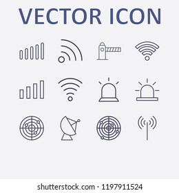 Outline 12 signal icon set. wifi, alarm flasher, wi fi signal, radar, satellite antenna and signal bars vector illustration