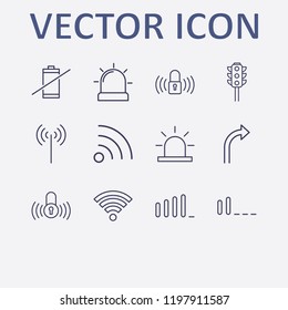 Outline 12 signal icon set. turn right arrow, alarm flasher, wifi signal, wifi, traffic light and signal bars vector illustration