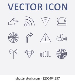 Outline 12 signal icon set. wi fi signal, alarm flasher, lock signal, radar, warning and wifi vector illustration