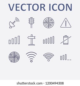 Outline 12 signal icon set. warning, no battery, radar, traffic light, left signpost and wi fi signal vector illustration