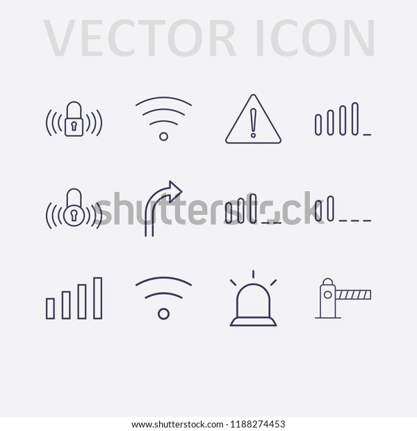 Outline 12 signal icon set. signal bars,\
lock signal, wifi, turn right arrow, parking barrier, alarm flasher\
and warning vector\
illustration