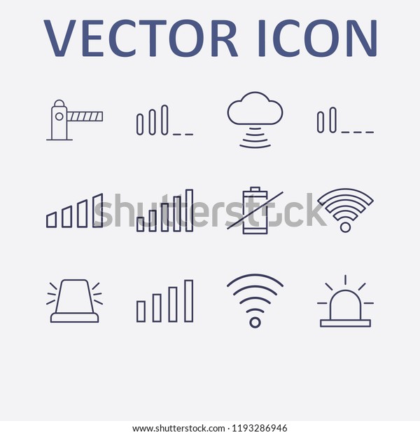 Outline 12 signal icon set. wi fi signal, no\
battery, signal bars, cloud signal, alarm flasher and parking\
barrier vector\
illustration