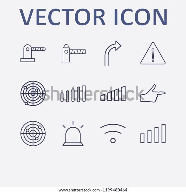 Outline\
12 signal icon set. finger right, wifi, warning, signal bars, alarm\
flasher and turn right arrow vector\
illustration