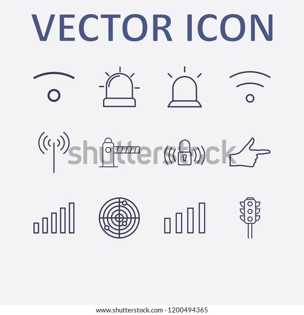 Outline 12\
signal icon set. radar, traffic light, wifi, lock signal, alarm\
flasher and signal bars vector\
illustration