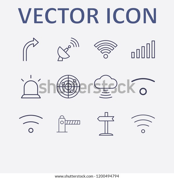 Outline 12 signal icon set. cloud signal,\
left signpost, alarm flasher, parking barrier, turn right arrow and\
signal bars vector\
illustration