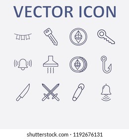 Outline 12 silver icon set. fish hook, kitchen extractor, sword, ethereum coin, garland and safety pin vector illustration