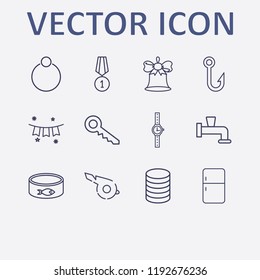Outline 12 silver icon set. wrist watch, medal, coin, ring, key and water crane vector illustration