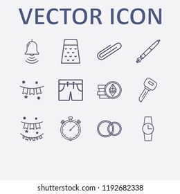 Outline 12 silver icon set. wedding ring, paper clip, watch, pen, stopwatch and key vector illustration