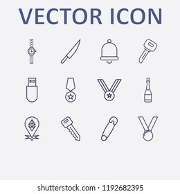 Outline 12 silver icon set. ethereum location, knife, champagne bottle, key, bell and safety pin vector illustration