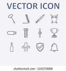 Outline 12 silver icon set. kitchen extractor, shield check, sword shield, key, wrist watch and screw vector illustration