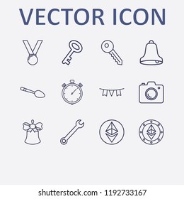 Outline 12 silver icon set. garlands, camera, medal, ethereum coin, spoon and stopwatch vector illustration