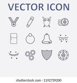 Outline 12 silver icon set. safety pin, ethereum coin, shield, bell, setting and ring vector illustration