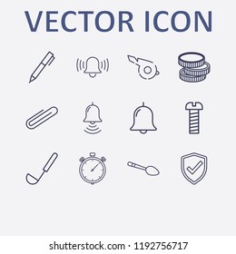 Outline 12 silver icon set. coin, bell, paper clip, whistle, screw and stopwatch vector illustration
