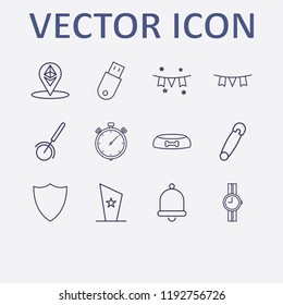 Outline 12 silver icon set. garlands, pizza cutter, shield, usb, ethereum location and award cup vector illustration