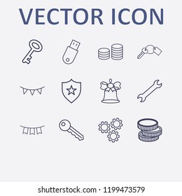 Outline 12 silver icon set. garland, usb, shield, setting, key and bell vector illustration