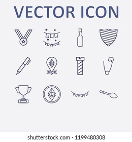 Outline 12 silver icon set. garland, medal, award cup, ethereum location, safety pin and shield vector illustration