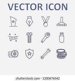 Outline 12 silver icon set. medal, shield, usb, screw, coin and kitchen extractor vector illustration