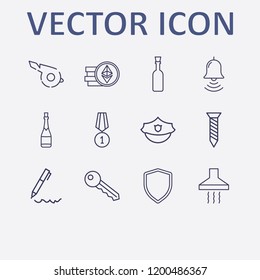 Outline 12 silver icon set. police hat, screw, whistle, medal, pen and key vector illustration