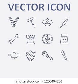 Outline 12 silver icon set. ethereum coin, knife, key, police hat, pen and bell vector illustration