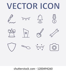 Outline 12 silver icon set. pen, award cup, camera, spoon, bell and pizza cutter vector illustration