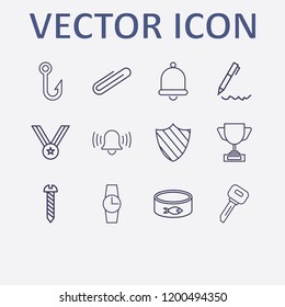 Outline 12 silver icon set. fish hook, medal, fish canned, paper clip, screw and watch vector illustration