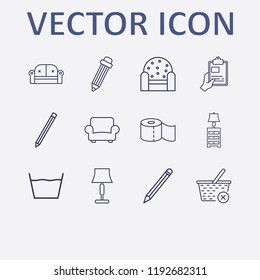 Outline 12 simple icon set. close basket, pencil, armchair, hand with clipboard, lampshade and sofa vector illustration