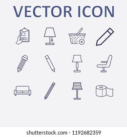 Outline 12 simple icon set. close basket, chair, pencil, toilet paper, lampshade and hand with clipboard vector illustration