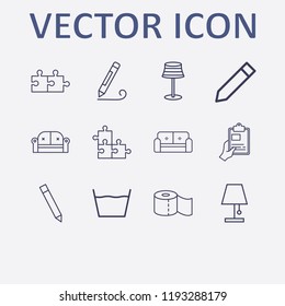 Outline 12 simple icon set. laundry, jigsaw, lampshade, sofa, toilet paper and hand with clipboard vector illustration