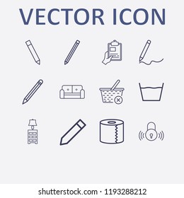 Outline 12 simple icon set. smart lock, laundry, hand with clipboard, toilet paper, close basket and pencil vector illustration