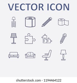 Outline 12 simple icon set. lampshade, sofa, pencil, chair, toilet paper and jigsaw vector illustration