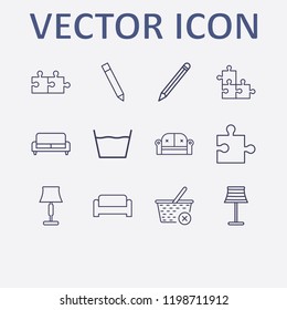 Outline 12 simple icon set. jigsaw, sofa, lampshade, pencil, close basket and laundry vector illustration