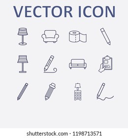 Outline 12 simple icon set. sofa, pencil, lampshade, toilet paper, hand with clipboard and armchair vector illustration