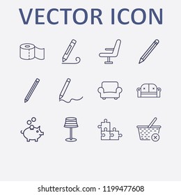 Outline 12 simple icon set. chair, sofa, pig bank, armchair, close basket and toilet paper vector illustration