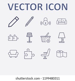 Outline 12 simple icon set. chair, sofa, armchair, jigsaw, close basket and smart lock vector illustration