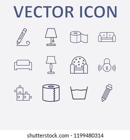 Outline 12 simple icon set. toilet paper, jigsaw, laundry, smart lock, pencil and armchair vector illustration