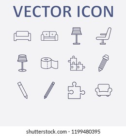 Outline 12 simple icon set. armchair, jigsaw, toilet paper, chair, pencil and sofa vector illustration
