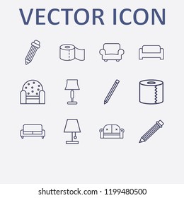 Outline 12 simple icon set. pencil, armchair, lampshade, sofa and toilet paper vector illustration