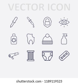 Outline 12 skin icon set. eye, diapers, face lock, sunscreen, pipette, winter hat, thread, razor blade, liquid soap, hair dryer and broken tooth vector illustration