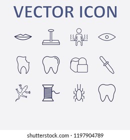 Outline 12 skin icon set. thread, lips, bug, broken tooth, nail and lizard vector illustration