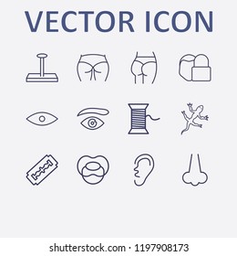 Outline 12 Skin Icon Set. Brow Eye, Ear, Lizard, Eye, Razor Blade And Ass Figure Vector Illustration