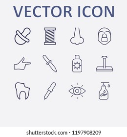Outline 12 skin icon set. thread, broken tooth, face lock, nail, pipette and nose vector illustration