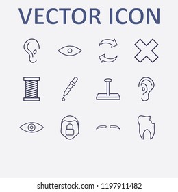 Outline 12 skin icon set. thread, eye, broken tooth, ear, refresh and nail vector illustration