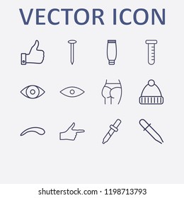 Outline 12 skin icon set. eye, ass figure, eyebrow, tube, tube cream and pipette vector illustration