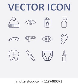 Outline 12 skin icon set. liquid soap, eye, ear, pipette, hair dryer and bug spray vector illustration