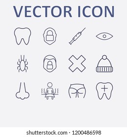 Outline 12 skin icon set. face lock, injection, eye, nose, sauna and close vector illustration
