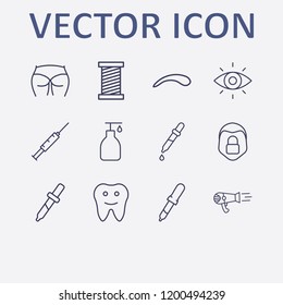 Outline 12 skin icon set. hair dryer, ass figure, tooth, face lock, liquid soap and eyebrow vector illustration