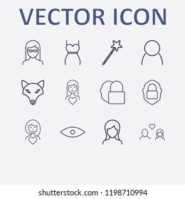 Outline 12 smile icon set. dog, woman dress, user, halloween magical wand, woman in love and lovers vector illustration