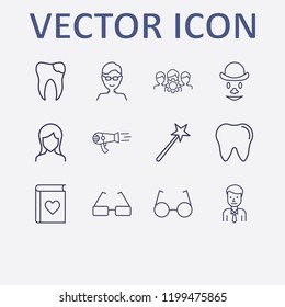 Outline 12 smile icon set. broken tooth, clown, favorite book, glasses, glasses man and hair dryer vector illustration